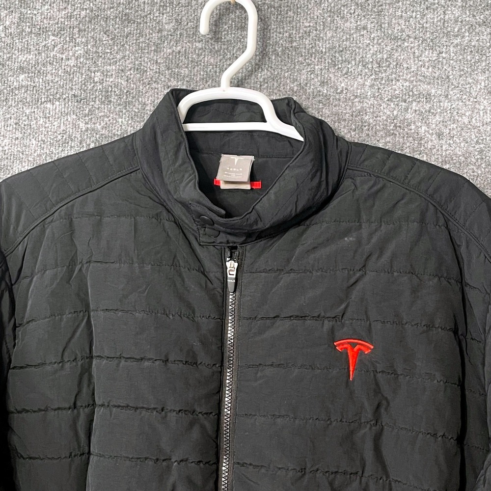 Tesla Motors Mens Black Quilted Puffer Jacket Red Logo Full Zip Corporate XXL